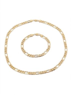 18K Gold Figaro Chain Necklace and Bracelet Set - Women Jewelry